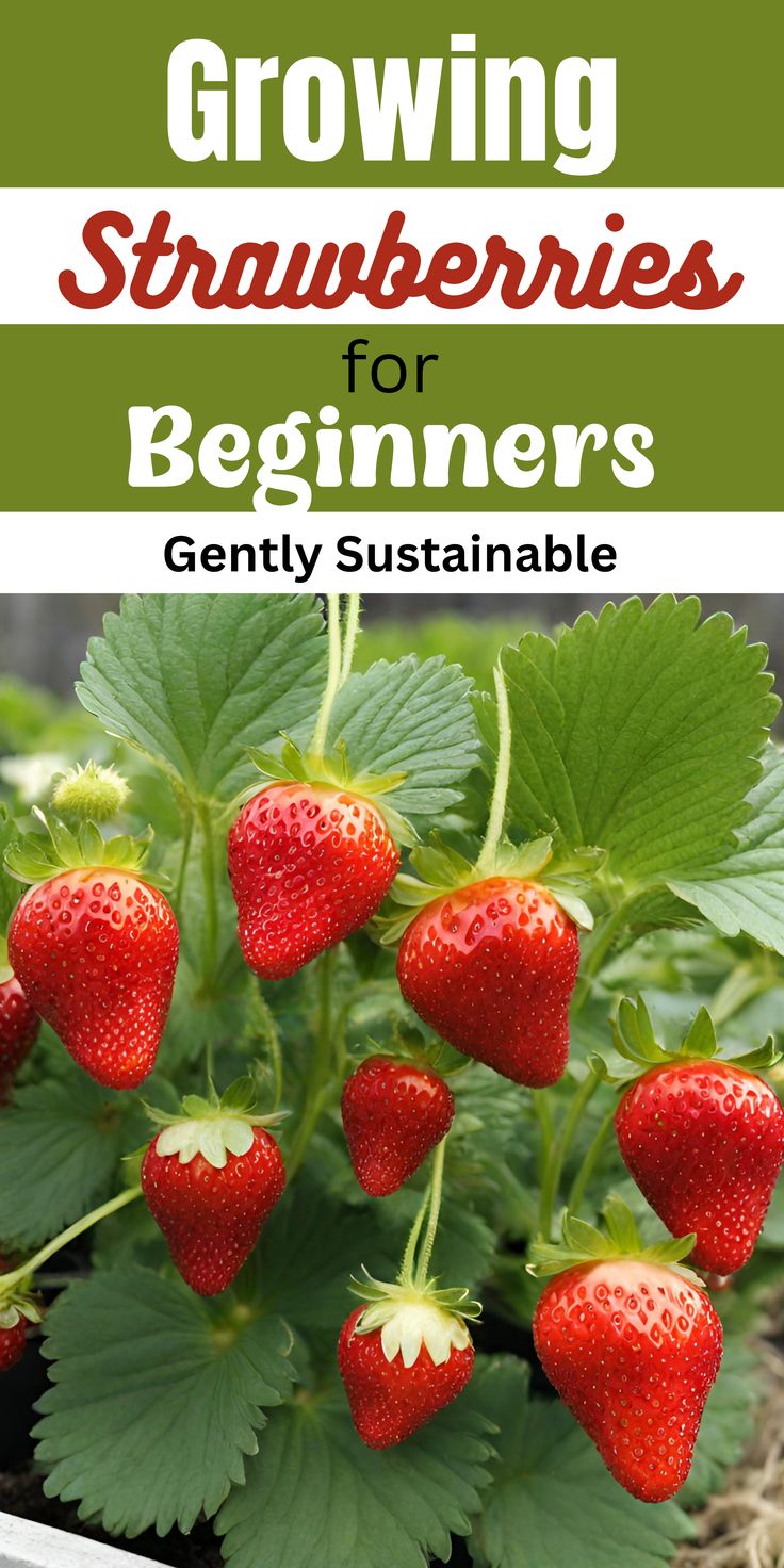 strawberries growing in the garden with text overlay that reads growing strawberries for beginners