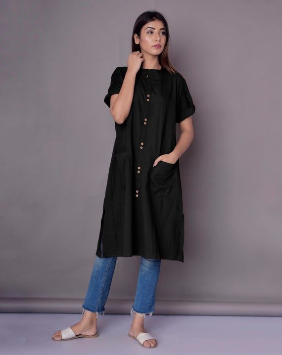 Long Shirt for Women, Shirt dress for Women,  Patch pocket shirt, Linen Washed Soft Shirt, Indian Kurta - Custom made by Modernmoveboutique>DESCRIPTION<- loose and roomy- patch pocket- elbow sleeve- made from Linen blend. The fabric is of medium weight (185 g).- the model is 172 cm high (regular XS - S) and is wearing size S. - color in the picture - BLACK (Please choose any other color on the right).>COLORSIZING< (XS)(mostly UK 6, USA 2, AU/NZ 6, IT 38, FRENCH 34, JAPAN 7)BODY. Reco Women Shirt Dress, Shirt Dress For Women, Shirt Linen, Indian Kurta, Kurti Designs Party Wear, Dress Shirts For Women, Pocket Shirt, Elbow Sleeve, Women Shirt