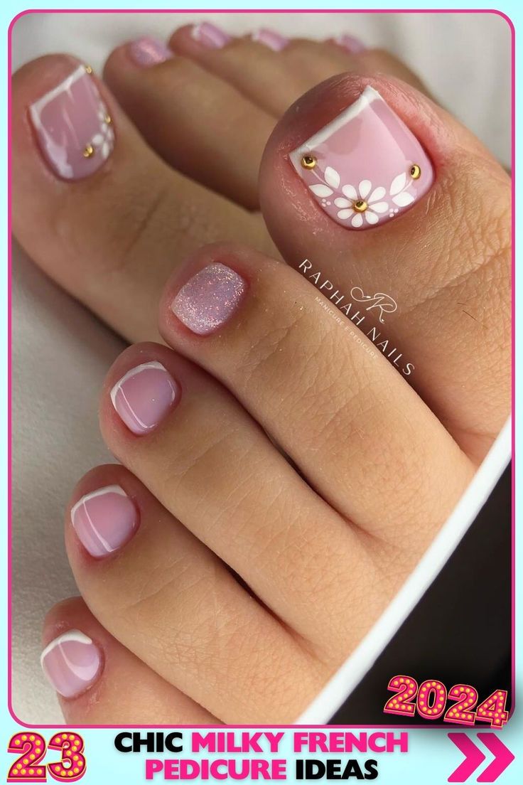 Square-shaped milky French pedicure with gel base, highlighted by pink glitter accents and white tips. Glossy finish, perfect for parties and special occasions. Keywords: milky French pedicure, pink glitter, party nails. French Pedicure Pink, French Pedicure Ideas, Pedicure Styles, Pink Glitter Party, Pedicure Pink, Elegant Touch Nails, Pedicure Designs Toenails, Pink Chrome Nails, French Pedicure