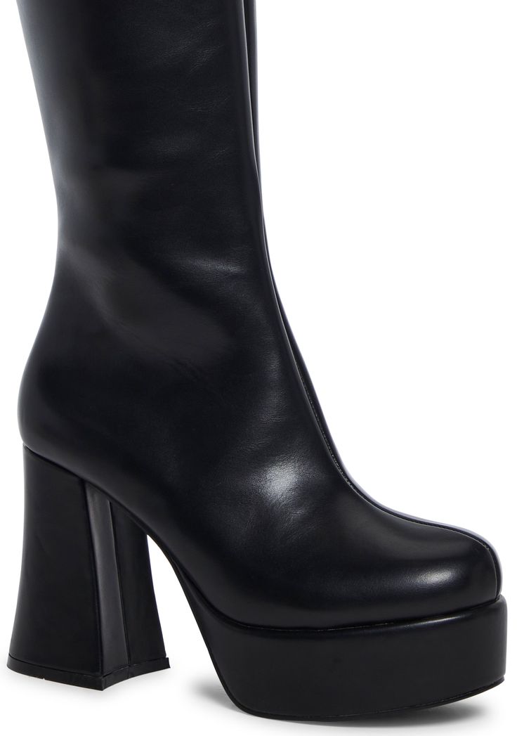 Turn heads with these boots that have a vegan leather construction, platform soles, block heels, inner elastic side panels, and side zipper closures. Billie Concert, Grunge Academia, Go Go Boots, Black Heeled Boots, Goth Boots, Gothic Boots, Boots Platform, Sugar Thrillz, Black Platform Boots