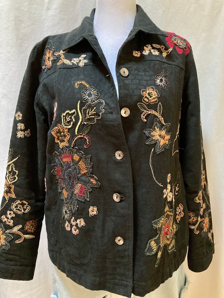 "Beautiful Laura Ashley vintage embroidered black jacket or blazer with appliqués and beads. Cotton with lining poly. size large  Striking detailing with the floral embroidery. Mostly autumn colors of red, yellow and orange. There are some small beads also sewn on throughout.   Size large. Measurements: Bust pit to pit 21\" (42) Back length, 25\" Sleeve length 23\" Excellent condition with minor wear and fading. No stains. Some of the beads seem loose. Also, some of the stitching is fraying some Embroidery And Beads, Laura Ashley Vintage, Embellished Jacket, Denim Crafts, Small Beads, Cotton Blazer, Clothing Inspiration, Autumn Colors, Laura Ashley