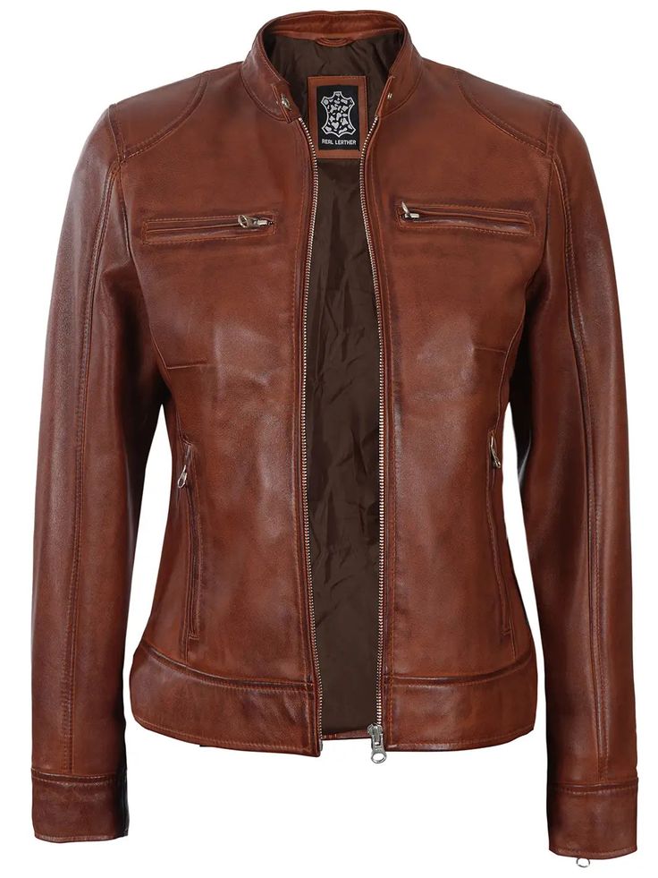 Embrace your rebellious side with the Dodge Women's Cognac Motorcycle Leather Jacket. Perfect for any occasion, this jacket's rich cognac color adds sophistication and warmth to your look as you hit the open roads or explore the city. Trust it to be your perfect adventure companion. Specification: 100% Real Lambskin Leather. Inner soft polyester lining Front zipper closure, zippered cuffs. Four outer pockets, one inside. One extra inside mobile pocket. Cognac wax finishing The colours of the ori Classic Cognac Leather Jacket For Winter, Classic Cognac Leather Jacket For Fall, Classic Biker Jacket For Urban Adventures In Fall, Racer Leather Jacket, Cafe Racer Leather Jacket, Leather Jacket For Women, Open Roads, Motorcycle Leather Jacket, Leather Varsity Jackets