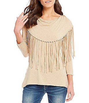 Reba Cowl Neck Knit Top with Faux Suede Fringe Bohemian Fall Top With Tassels, Bohemian Top With Tassels For Fall, Bohemian Tops With Tassels For Fall, Long Sleeve Fringe Tops For Festivals, Casual Peasant Top With 3/4 Sleeve For Fall, Bohemian 3/4 Sleeve Tops For Fall, Casual 3/4 Sleeve Peasant Top For Fall, Bohemian 3/4 Sleeve Fall Tops, Spring Fringe Tops