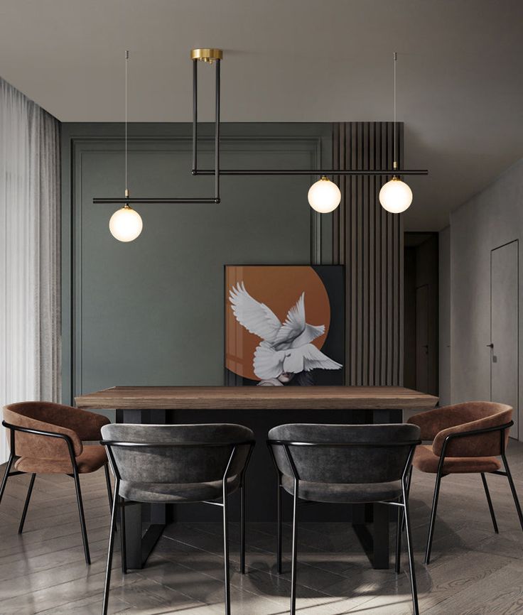 a dining room table with four chairs and an art piece on the wall behind it