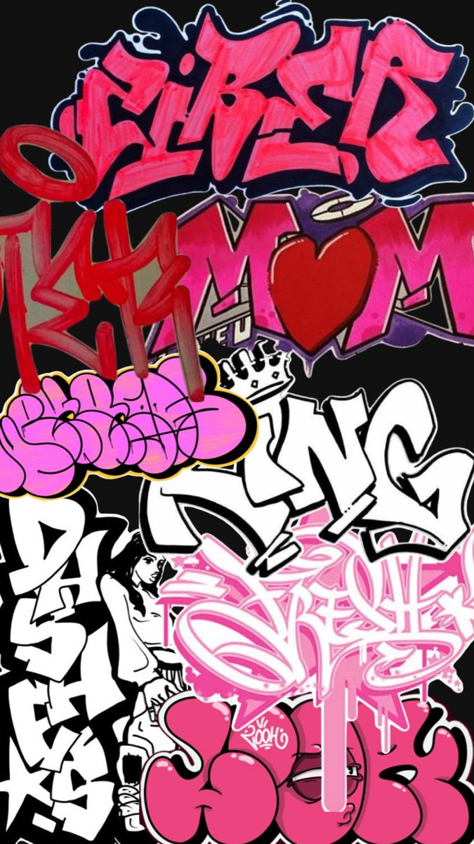 some graffiti on the side of a wall with pink and white letters in it,