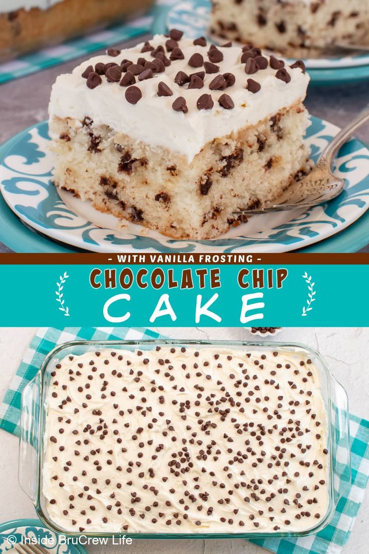 two pictures showing different types of cake on plates and in pans with chocolate chips