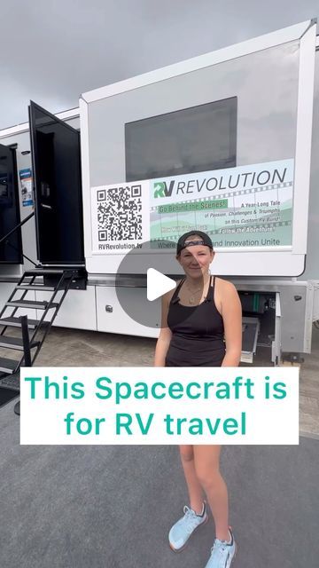 a woman standing in front of an rv with the words this spacecraft is for rv travel