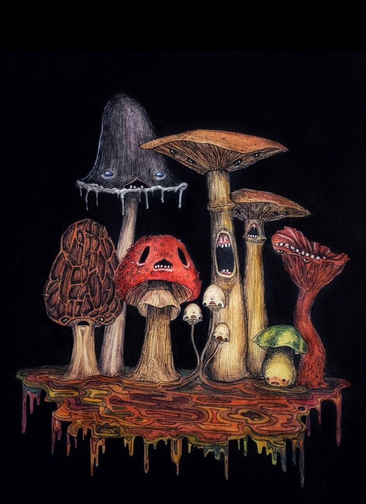 a painting of mushrooms and other things on a table with dripping paint drips all over it