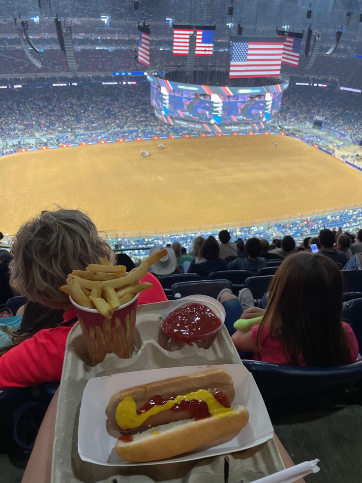 a hot dog with mustard and ketchup on a tray at a sporting event