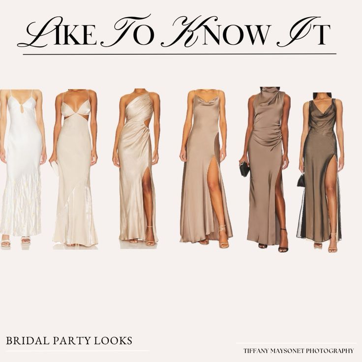 the bride party looks are all in different styles and colors, including one with high slits