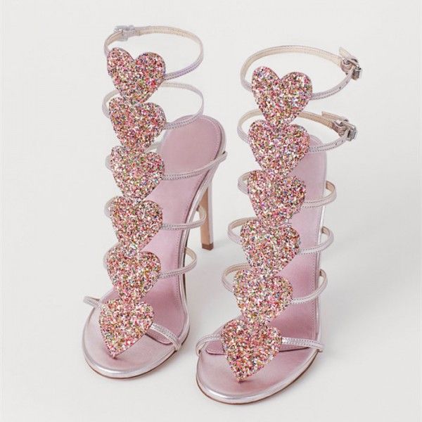 Pink Buckle Gladiator Heels Sandals with Colorful Rhinestones for Dancing club, Red carpet | FSJ Hak Tinggi, Gladiator Sandals Heels, High Heels Boots, Gladiator Heels, Glitter Sandals, Glitter Heels, Fancy Shoes, Buckled Heels, Aesthetic Shoes