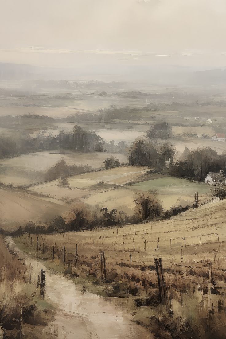 an oil painting of a rural landscape with fields and houses in the distance on a foggy day