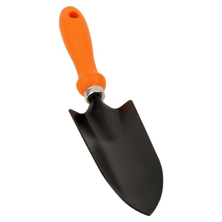 an orange handled shovel with black handle