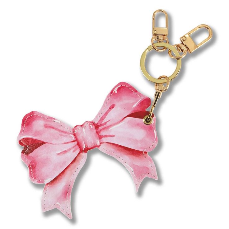 a pink bow shaped keychain on a white background