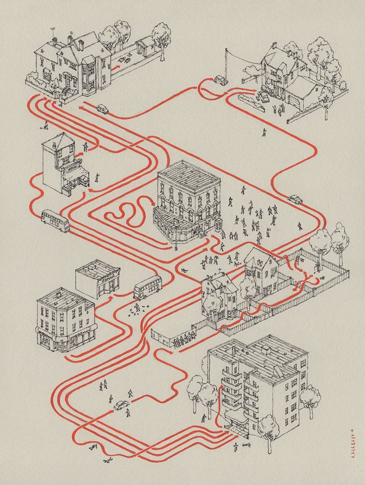 an old diagram with red lines and buildings