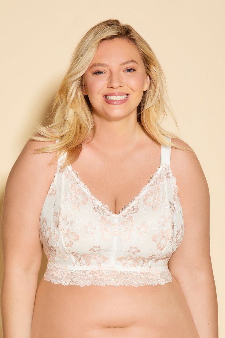 Wireless longline lace bralette designed for those with smaller frames and fullest cups (US I-J/K/L cups). Vivid, high shine, tri-color floral lace. Non-padded, wireless cups lined with power mesh lining for added support. Longline band and vertical cup seaming add support. Wide, adjustable straps and hook and eye back closure. Hand wash, do not dry in dryer. Cosabella: Women's Bras and Underwear. | Cosabella - Women's Bralette Savona Ultra Curvy Longline in Mandorla/Moon Ivory/White | Size Medi Womens Bras, Small Frame, Ivory White, Lace Bralette, Long A Line, Tri Color, Floral Lace, Bralette, Adjustable Straps