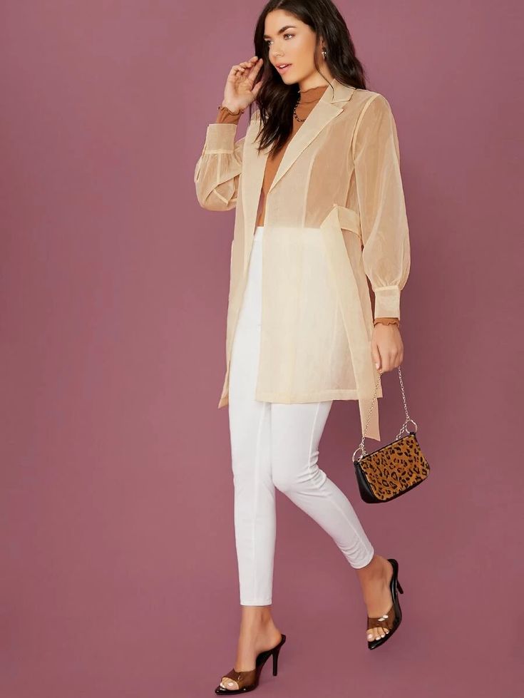 Sheer Organza Waist Tie Blazer | SHEIN USA Organza Kimono, Organza Outfit, Organza Outer, Outer Organza, Organza Fashion, Transparent Outfit, Tie Blazer, Abaya Designs Latest, Organza Jacket