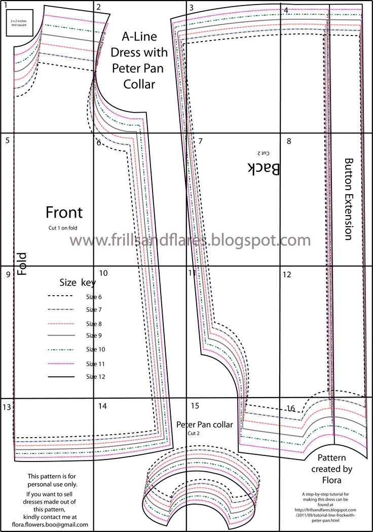 the front and back view of a sewing pattern, with measurements for each piece in it