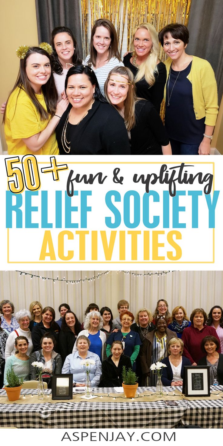 a group of women standing in front of a table with the words 50 fun and uplifting relief society activities