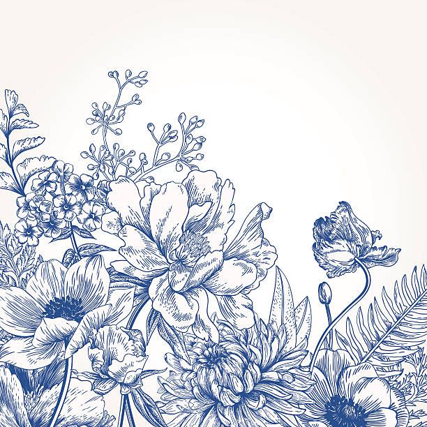 a blue and white drawing of flowers on a white background