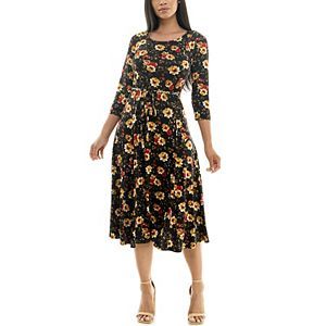 Women's Nina Leonard Sylvia Print Midi Dress Flattering A-line Spring Maxi Dress, Flattering Midi Dress For Spring, Casual Belted Flowy Dress, Casual Black Dress 3/4 Length, Casual Black 3/4 Length Dress, Casual Black Dress With 3/4 Length, Spring Midi-length Belted Maxi Dress, Flattering Flowy Midi Dress, Flowy Flattering Midi Dress