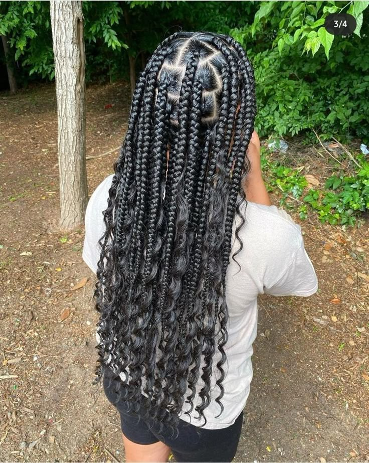 Cute Braids Styles For Black Women, Different Knotless Braids Hairstyles, Medium Jumbo Goddess Braids, Jumbo Goddess Knotless Braids, Cute Braided Hairstyles Box Braids, Box Braids Down, Large Goddess Braids With Curls, Not Less Braids With Curls, How To Do Braids With Curls