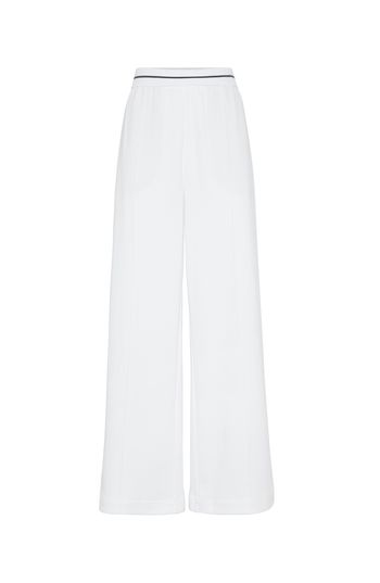 Techno cotton piqué is a fabric with a casual, comfortable and light appearance, characterized by a texture that is slightly raised. The small percentage of synthetic fiber provides added comfort. Pull-up trousers Front pockets Back pockets Pleat Unlined Modern White Full-length Pants, Modern Full-length White Pants, White Elastane Summer Pants, White Elastane Pants For Summer, White Elastane Pants For Formal Occasions, White Formal Elastane Pants, Elegant Pants With Elastic Waistband For Daywear, Tailored Elastane Pants For Summer, Spring White Wide Leg Elastane Pants