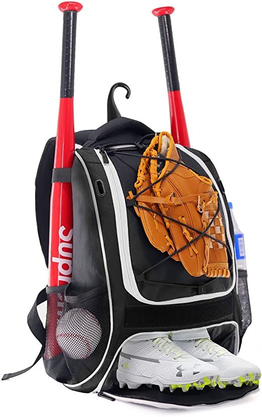 a backpack with baseball mitts and gloves on it