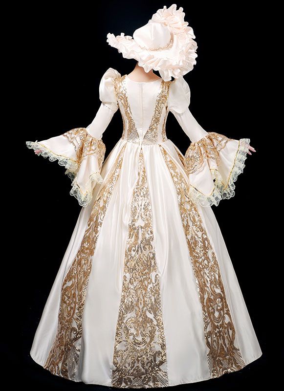 Vintage Champagne Renaissance Victorian Period Ball Gown Marie Antoinette Dress Reenactment Theater Costumes     Condition: Brand New   Color:  As Picture   Material: Satins And Lace   Silhouette: Ball Gown   Sleeve Length: Long Sleeve   Dresses Length:Floor-Length   Neckline: O-Neck   Decoration: Lace   Style: Vintage     Includes: Dress + Hat     More Detail: About 45 inches (114 cm) long from waist to hem regardless of size. This dress is pictured with a 4-hoop skirt underneath to achiev Roccoco Dresses, Marie Antoinette Dress, Masquerade Party Dresses, Game Of Thrones Dress, Marie Antoinette Dresses, Gothic Victorian Dresses, Theater Costumes, Antoinette Dress, Victorian Dresses