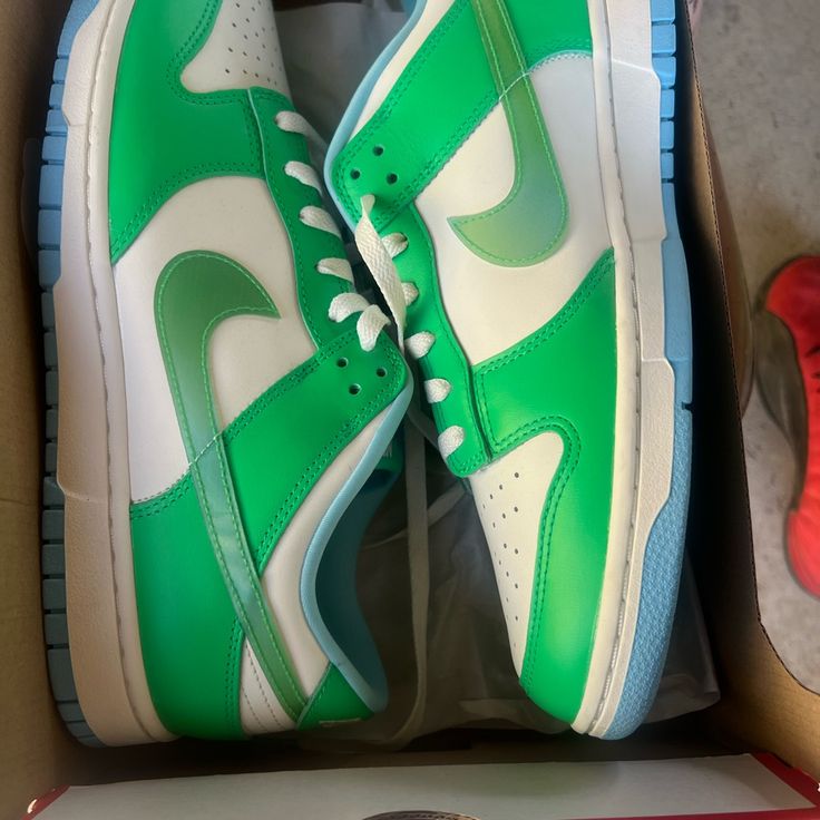 Green Blue White Dunk Fits Ladies Size 12.5 Green Basketball Shoes With Translucent Outsole, Nike Custom Green Sneakers With Translucent Outsole, Green Low-top Basketball Shoes With Translucent Outsole, Dunk Fits, Nike Green, Shoes Nike, Nike Dunk, Nike Dunks, Mens Shoes Sneakers