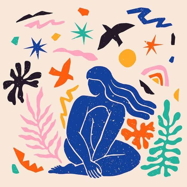 a drawing of a woman sitting on the ground surrounded by plants and birds in blue