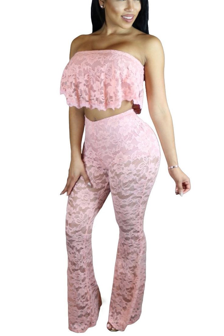 Cute and sexy Pink Ruffle Lace Crop Top Wide Leg matching pant Set Crop Top Jumpsuit, Crop Top Pants Set, Matching Pants Set, Womens Athletic Outfits, Black Lace Bodysuit, Two Piece Jumpsuit, Strapless Crop Top, Lace Pants, Lace Strapless