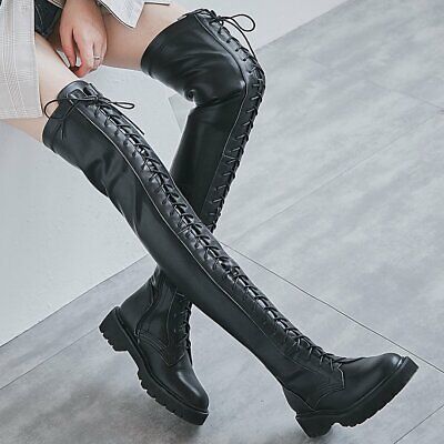 Winter Warm Women Lace Up Round Toe Thigh High Boots Over the Knee Military Punk  | eBay Edgy Winter Platform Boots For Cosplay, Fall Punk Knee-high Platform Boots, Punk Knee-high Platform Boots For Fall, Fitted Platform Boots For Winter Streetwear, Edgy Winter Boots For Cosplay, Winter Streetwear Fitted Platform Boots, Edgy Fall Cosplay Boots, Winter Knee-high Platform Boots For Alternative Fashion, Alternative Black Knee-high Boots For Fall