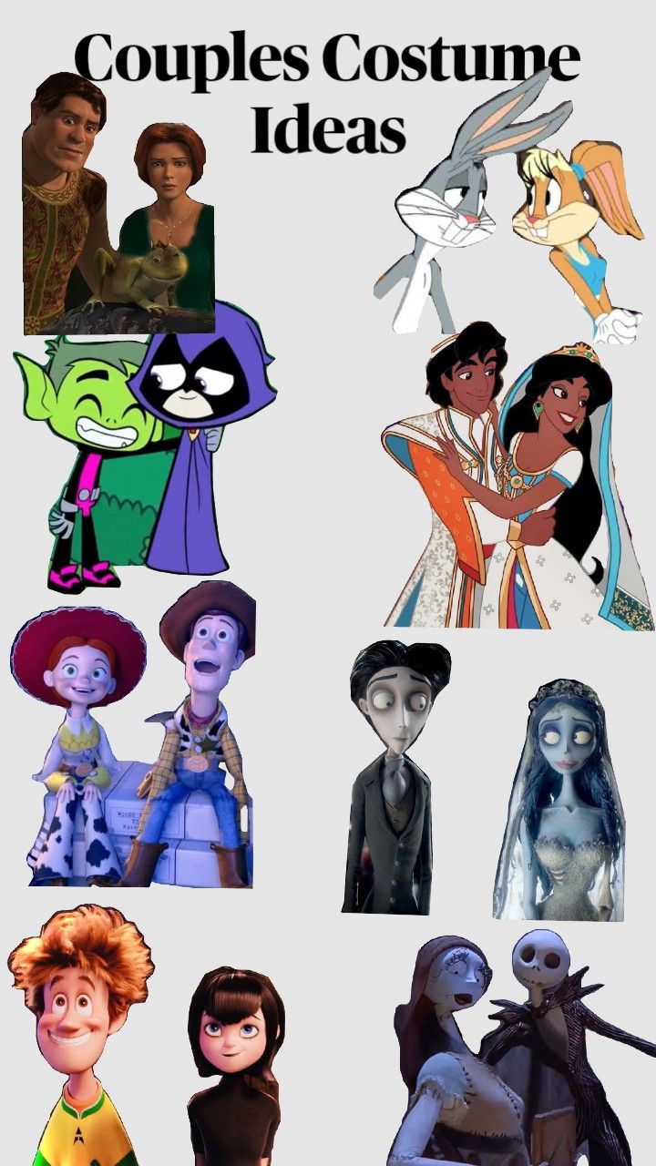 many different cartoon characters are depicted in this graphic art work, with the words couples costume ideas on them