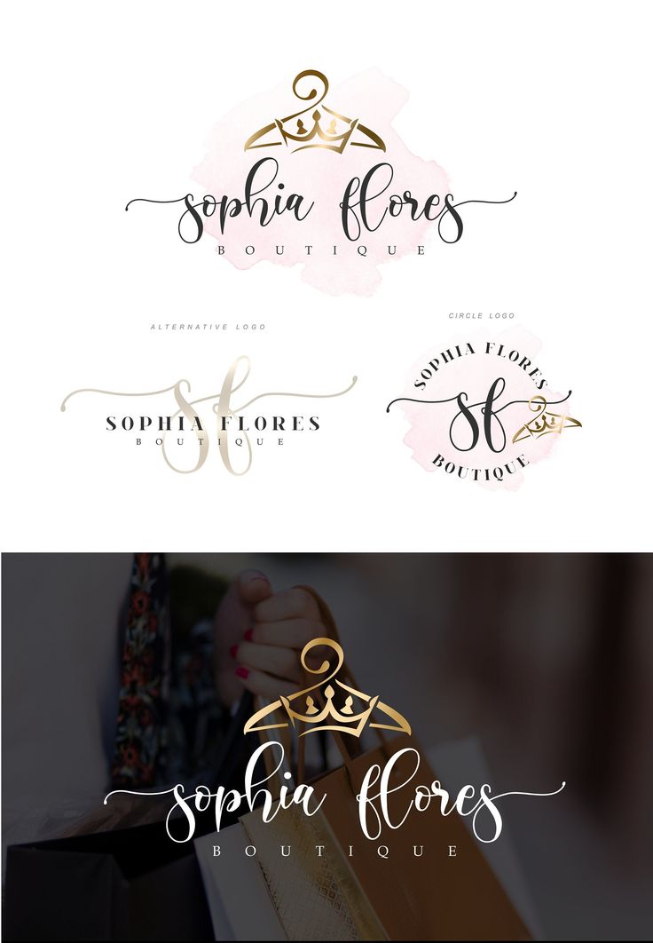 two logos for boutiques, one with a woman's hand holding a purse