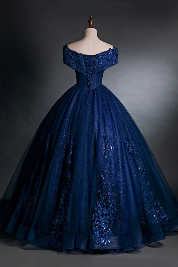 Blue Tulle Lace Long A-Line Ball Gown Off the Shoulder Evening Party Dress Royal Blue Ball Gown For Quinceanera During Prom Season, Banquet Tulle Ball Gown, Blue Tulle Princess Evening Dress, Blue Tulle Quinceanera Dress For Banquet, Blue Sweep Train Gown For Quinceanera, Blue Princess Style Tulle Evening Dress, Princess Style Blue Tulle Evening Dress, Blue Gown For Quinceanera During Prom Season, Princess Style Blue Evening Dress For Debutante Ball