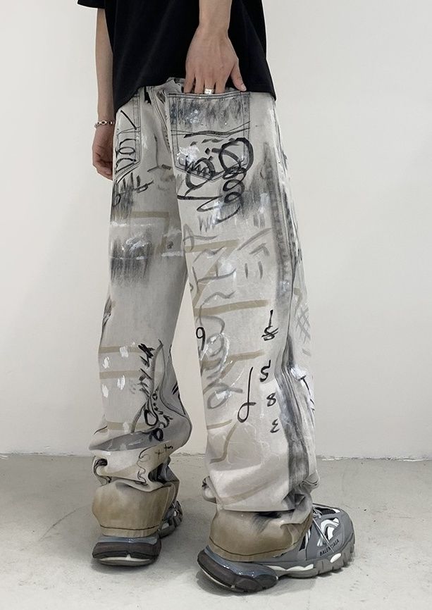 Grey Graffiti Baggy Pants | Jungkook - BTS Grey S Graffiti Pants, Grey Graffiti, Bleaching Clothes, Shopping List Clothes, Denim Men, Zipper Pants, Tie Dye Cotton, Men Pants, Tomboy Style Outfits