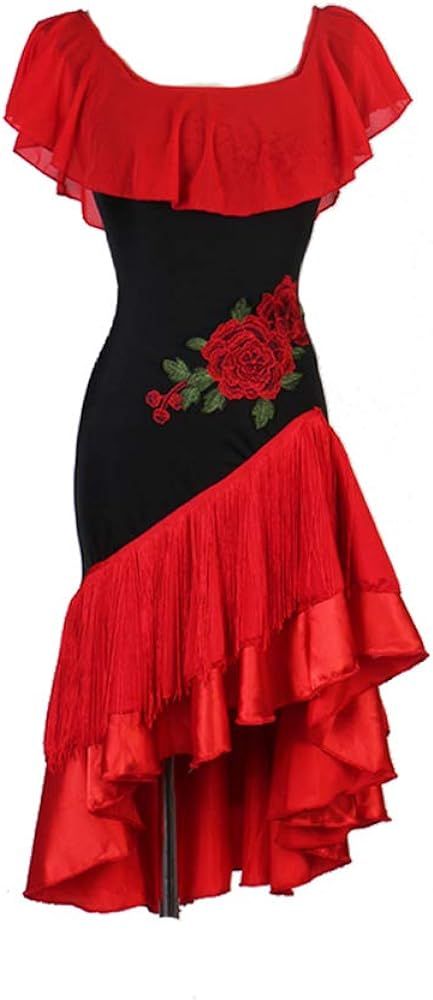 a red and black dress with roses on the bottom, asymmetrically designed