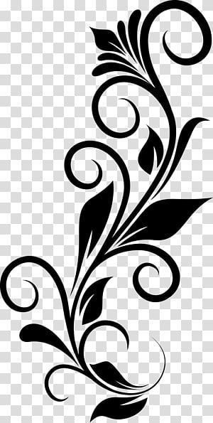 a black and white floral design with swirls on the side, transparent background png