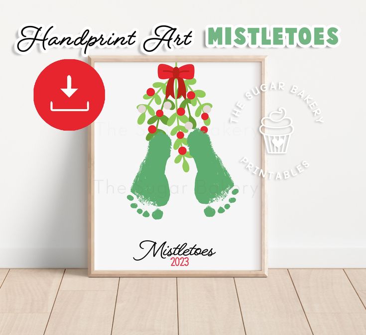 a framed photo with the words handprints art on it and a christmas decoration