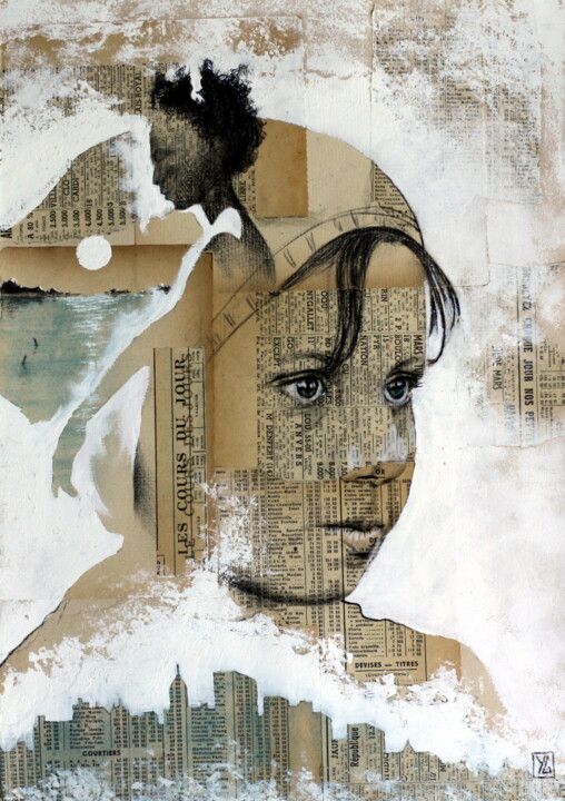 an altered collage of a woman's face and cityscape