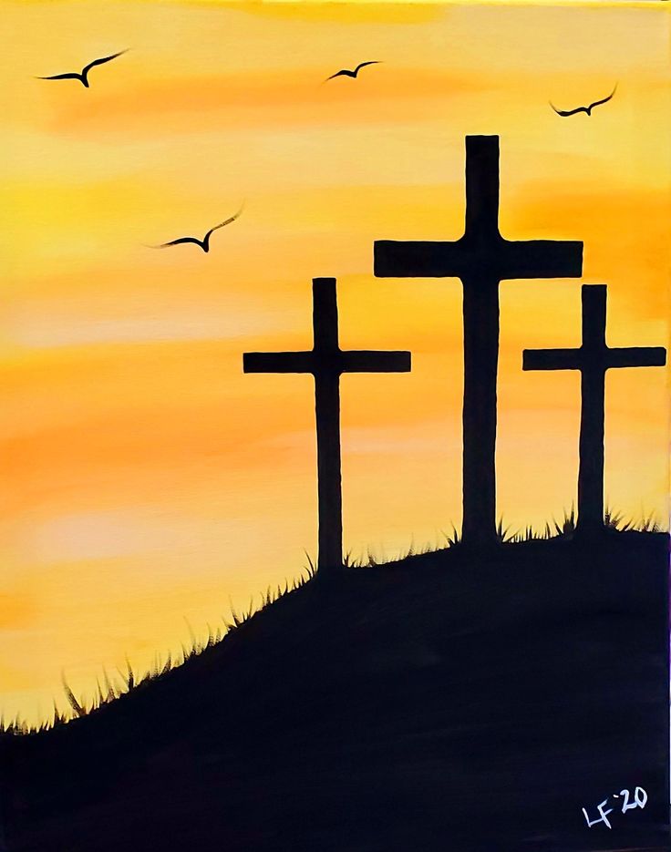 three crosses on a hill with birds flying in the sky behind them at sunset or dawn