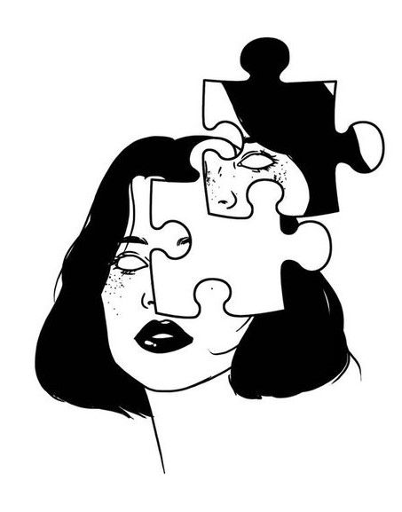 a black and white drawing of a woman's face with puzzle pieces on her head