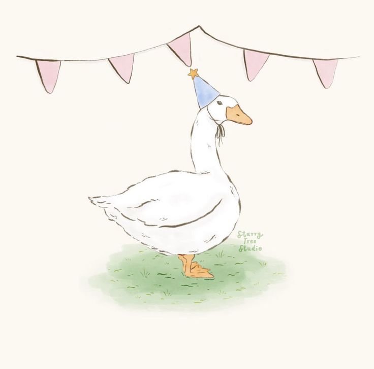 a white duck with a party hat on it's head