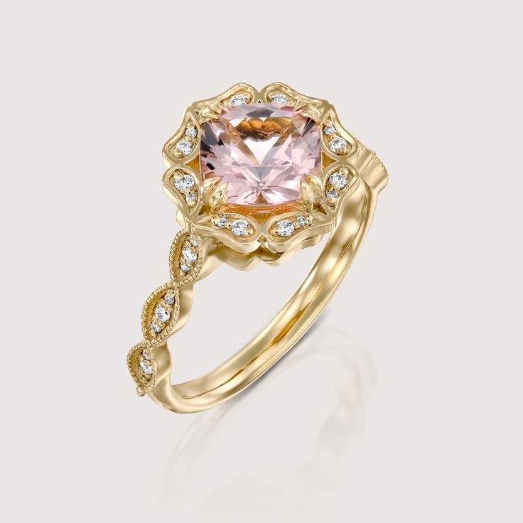 with an antique touch and a royal presence this ring is for a real princess. The center stone is a breathtaking morganite with a pinkish glow to it held by 8 magnificent claws. The stone is surrounded by 12 dazzling white diamonds set exquisitely in paisley like gold shapes. The band is waivy gold, dotted and encrusted with diamonds as well. This ring is just heart stopping from every angle. All features can be customized! please contact us if you wish to make changes, we love making custom designs. All of our jewelry is carefully handmade in our atelier *HC diamond are all conflict free diamonds To order by phone click here>> +972(0)722991000 Luxury Pink Gold Rings With Accent Stones, Luxury Morganite Ring With Prong Setting, Luxury Morganite Diamond Ring For Anniversary, Luxury Morganite Diamond Ring With Prong Setting, Elegant Morganite Rings For Formal Events, Elegant Morganite Ring For Formal Occasions, Formal Rose Gold Morganite Diamond Ring, Exquisite Formal Morganite Ring, Luxury Pink Gold Rings With Center Stone