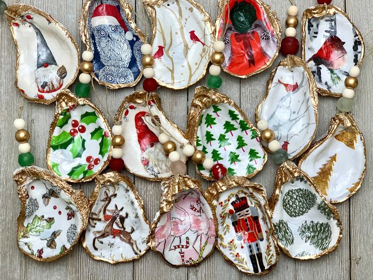 christmas ornaments are arranged in rows on a wooden surface with bead trimmings