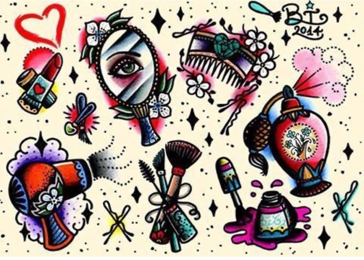 an image of various tattoos on a white sheet with hearts and stars in the background