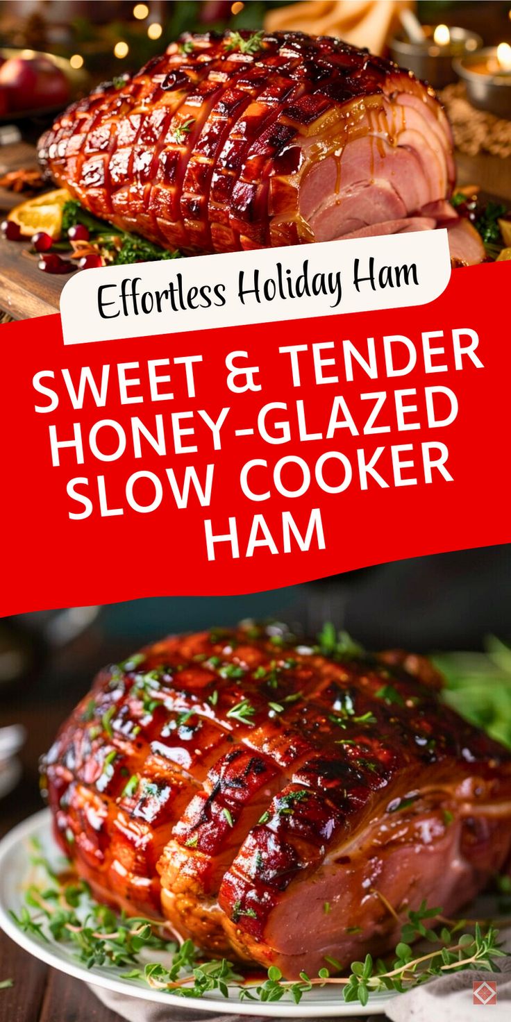 Make holiday cooking simple and delicious with this Slow Cooker Honey-Glazed Ham! It’s tender, juicy, and beautifully glazed with honey, making it the ultimate festive dish. Save this pin for a no-fuss recipe that’s full of holiday cheer. Pioneer Woman Crockpot Ham, Small Ham Glaze Recipe, Glazes For Ham In Crockpot, Honey Baked Ham Recipe Slow Cooker, Holiday Ham Recipes Crock Pots, Honey Roast Ham Recipe, Slow Cooker Holiday Ham, Honey Roasted Ham Recipe, Recipe For Glazed Ham