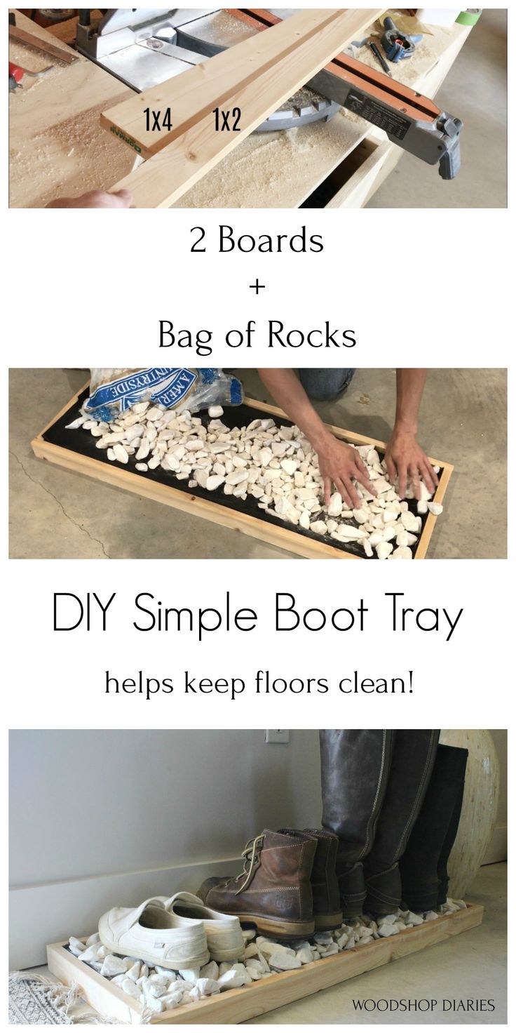 the steps to build a diy simple boot tray with two boards and one bag of rocks