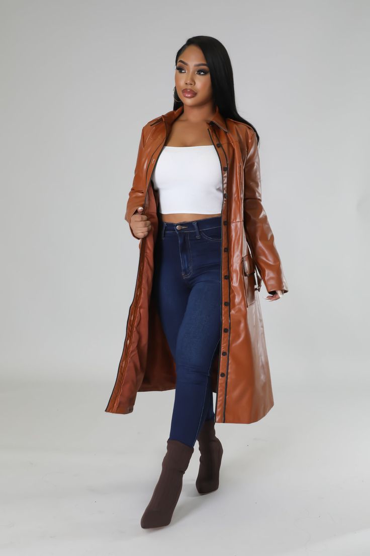 Baddest Hottie Around Coat – GitiOnline Girl Sign, Leather Collar, Leather Coat, Long A Line, Duster Coat, Brown Leather, Trench Coat, Faux Leather, Hand Wash